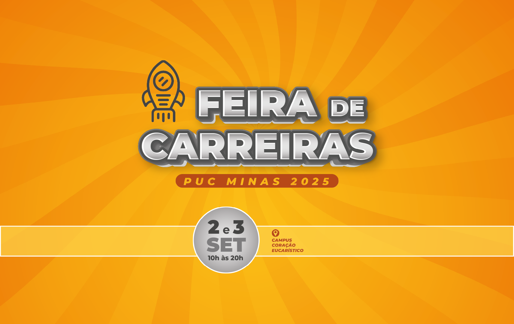 Arte da Feira de Carreiras PUC Minas 2025, com espiral em tons de laranja e amarelo, com a data 2 e 3 de setembro de 2025, das 10h às 20h no Campus Coração Eucarístico